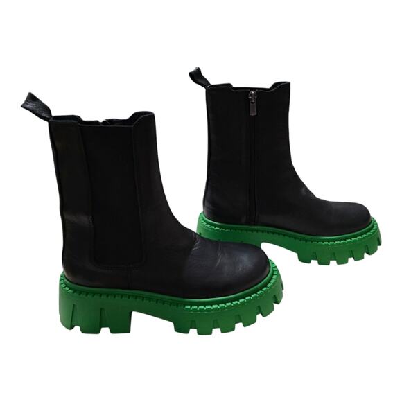 Steve Madden Charges Black Green Sole Leather Zip Up Chunky Boots‎ size 7 New - Picture 2 of 14